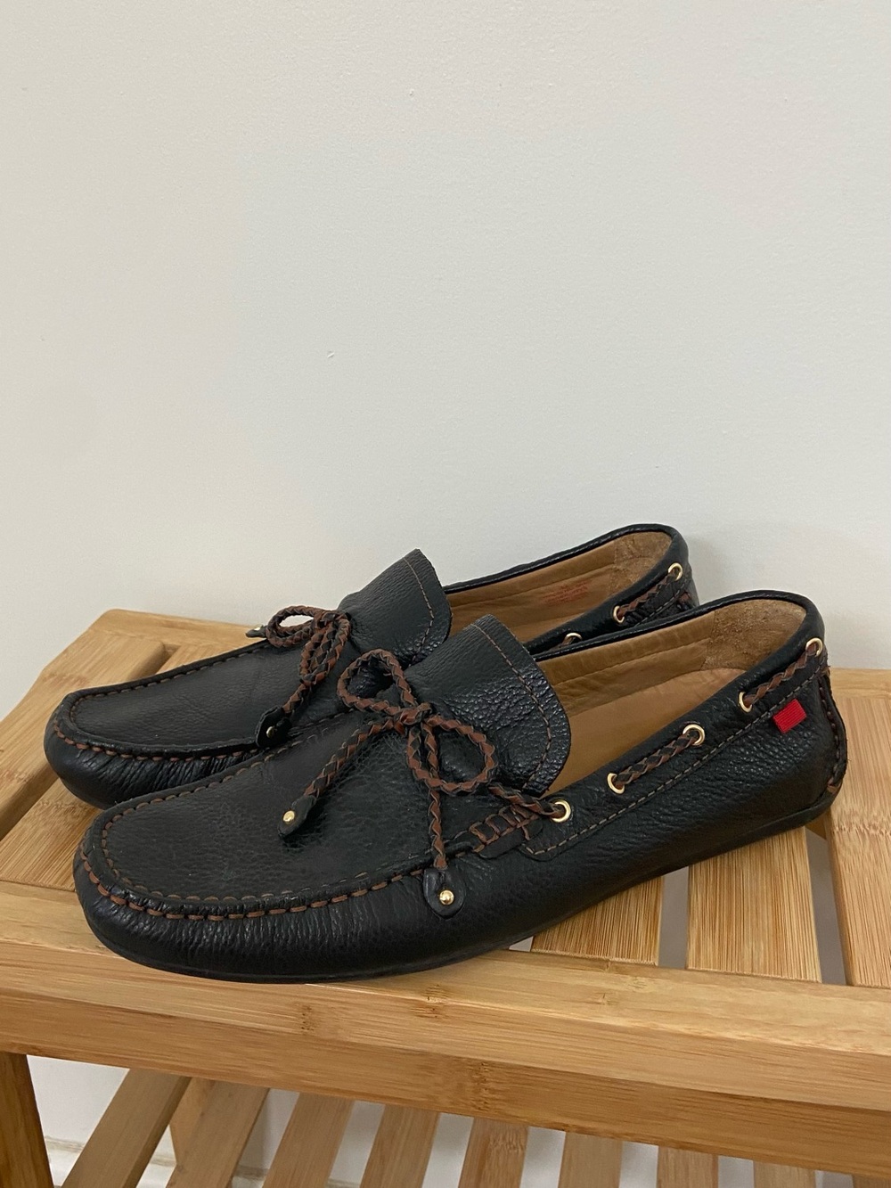 Marc Joseph Black Leather Moccasin Loafers with Brown Laces